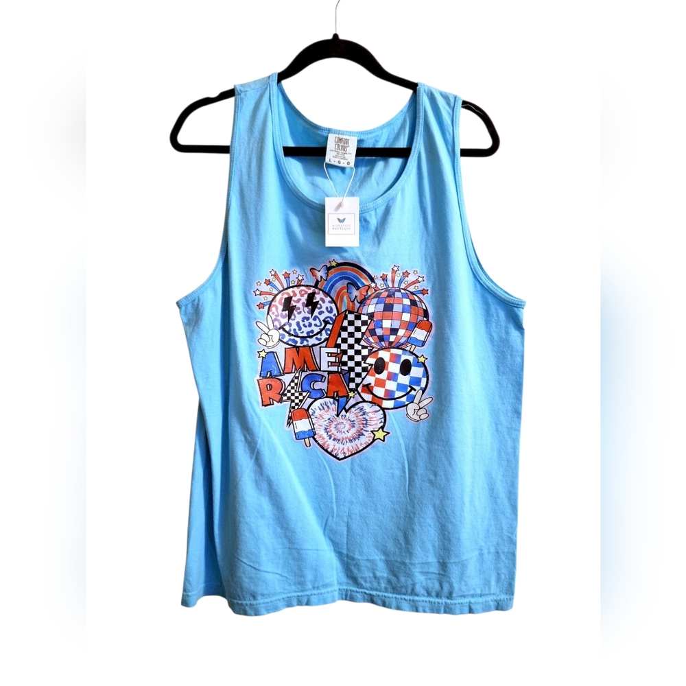 Women's Sky Blue Red, White, & Blue Smily Face America Graphic Tank Top~Large